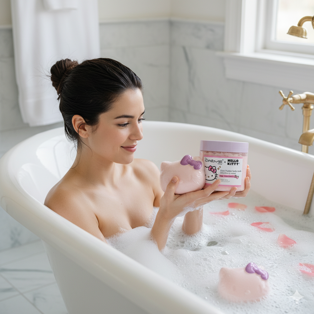 HELLO KITTY Rosy Strawberry Bath Bomb + Sugar Scrub Duo Set
