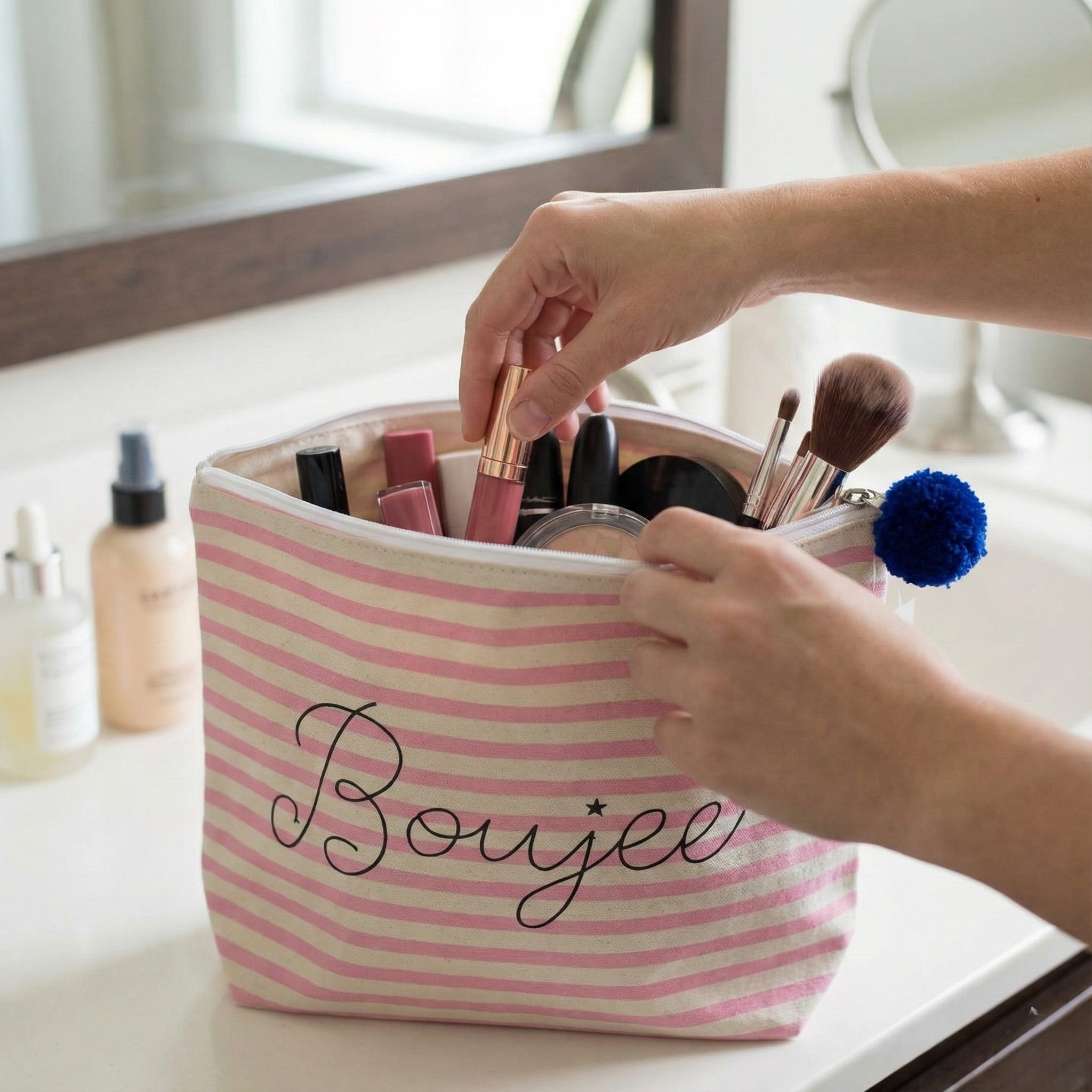 Boujee Striped Canvas Makeup Pouch, Pink Cosmetic Bag
