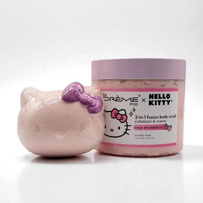 HELLO KITTY Rosy Strawberry Bath Bomb + Sugar Scrub Duo Set