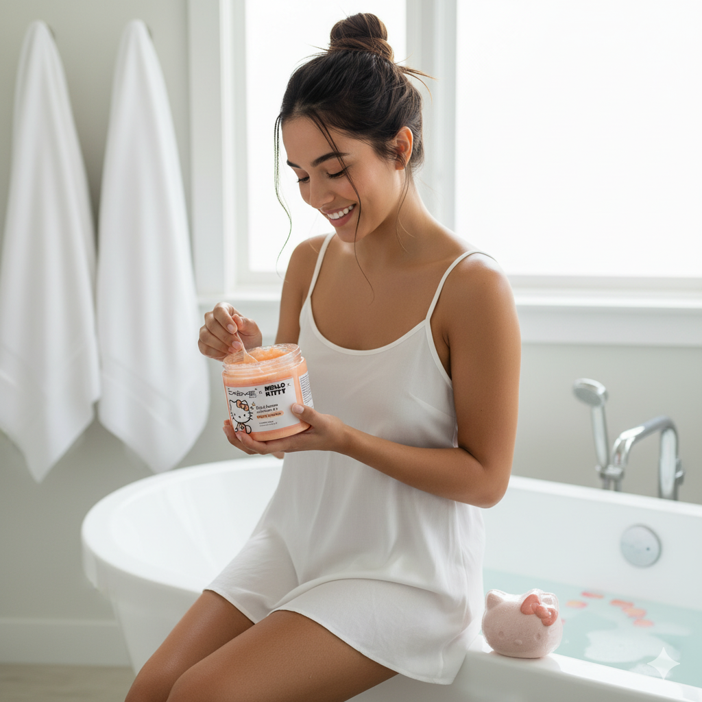 HELLO KITTY Peach Bath Bomb + Sugar Scrub Duo Set