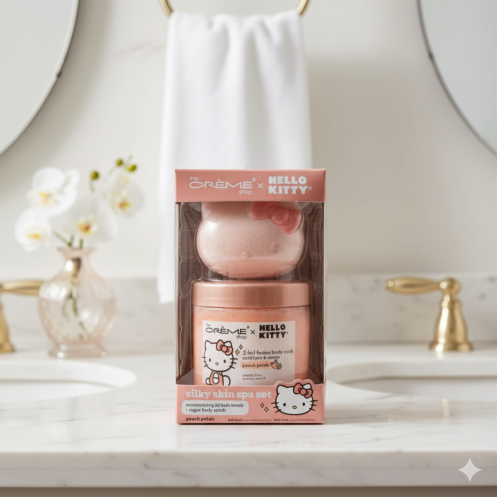 HELLO KITTY Peach Bath Bomb + Sugar Scrub Duo Set
